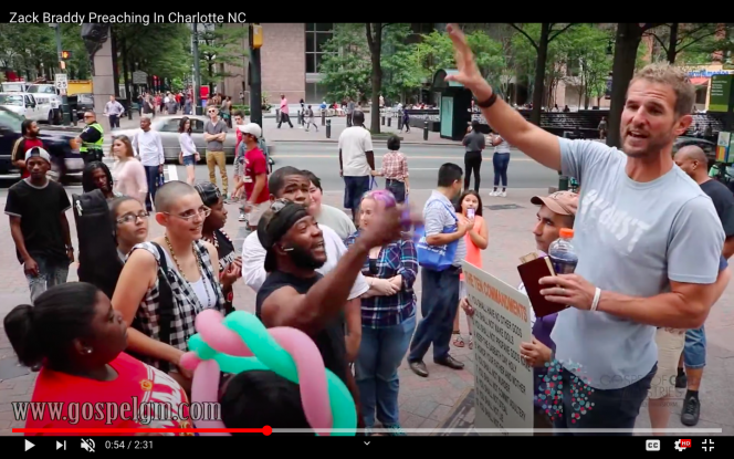 Still of Gospel of God Ministries Youtube video of Zachary Braddy preaching against abortion in the streets of Charleston, North Carolina. Credit: Gospel of God Ministries/YouTube.