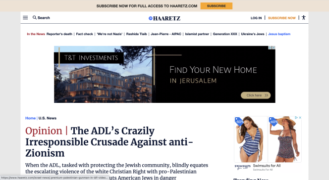 screenshot of Haaretz