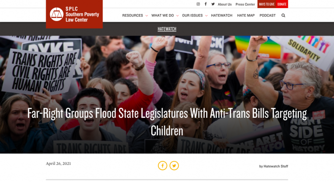 Picture of protesters with their fists in the air, holding signs that say "Trans rights are civil rights are human rights."