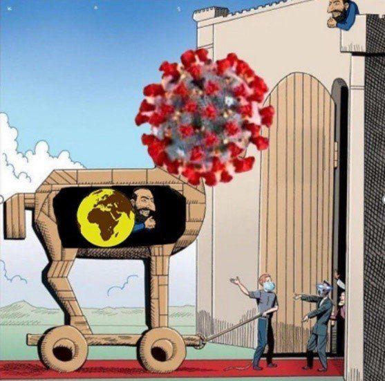 Cartoon of the coronavirus presented as a trojan horse for “globalist” Jews (Credit: ADL/Courtesy)