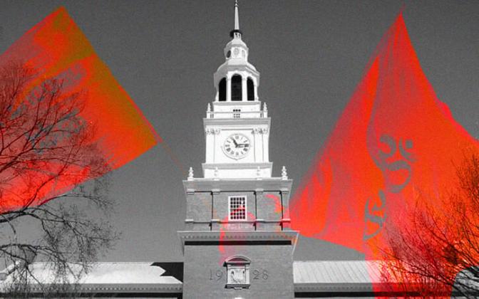 a collage of a college tower with overlapping saffron flags.